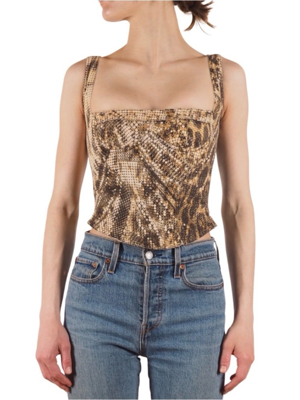ROBERTO CAVALLI Vintage Snake Print Zip Back Cotton Corset Bustier Crop Top XS